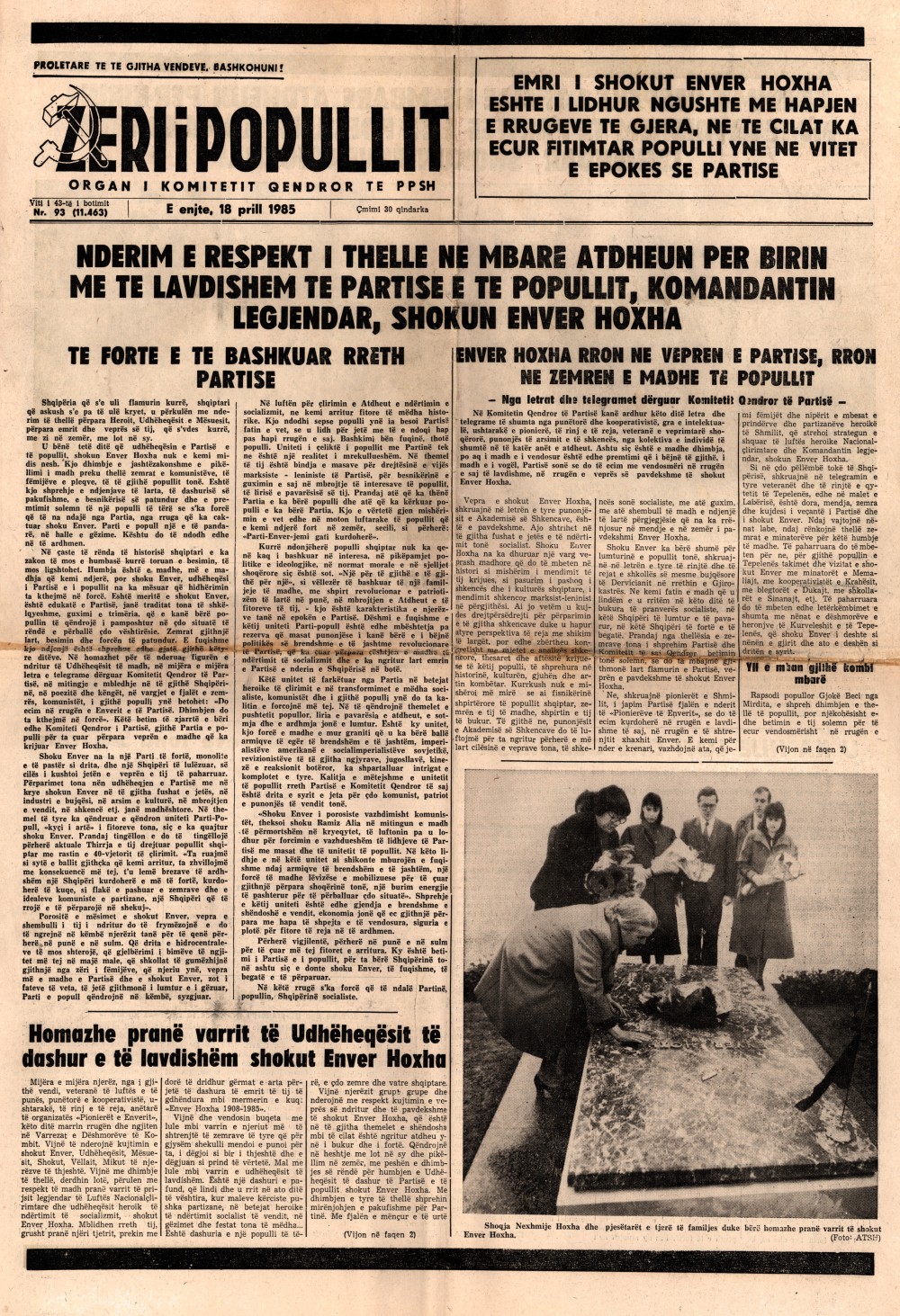 Газета "Зери и популлит" от 18 апреля 1985 года (первая полоса)